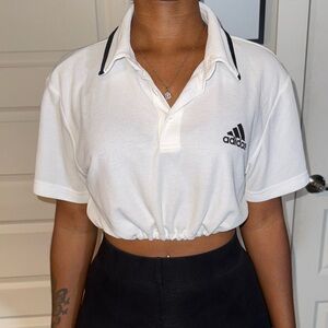 Reworked Adidas White Button Up Collared Crop Top